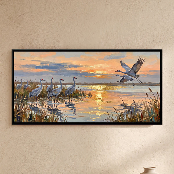 Cranes over the Wetland at Dusk