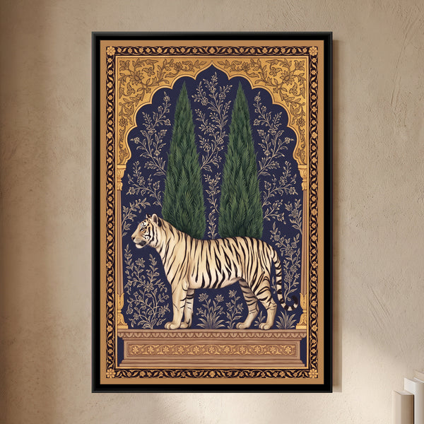 White Tiger under a Cypress Arch in Deep Indigo