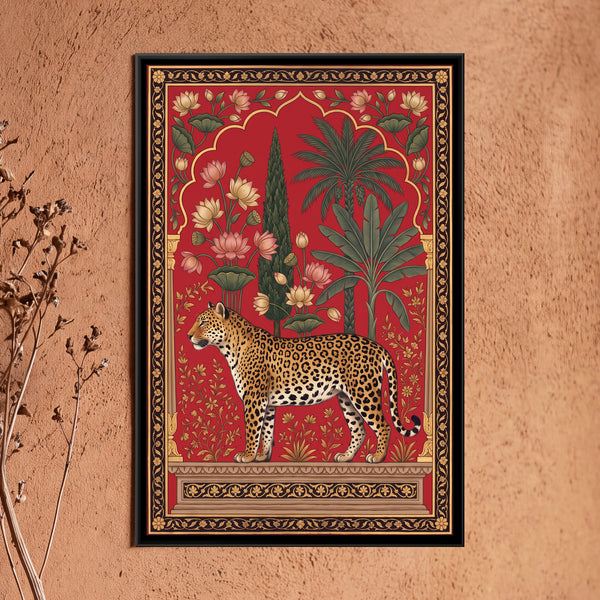 Leopard under a Lotus Arch in Crimson