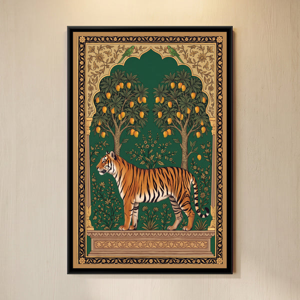 Bengal Tiger under a Mango-Tree Arch in Deep Emerald