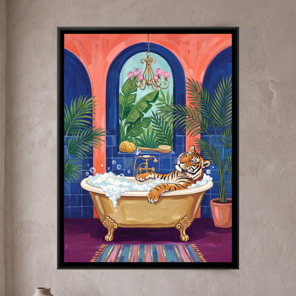 Tiger in a Clawfoot Bath in Cobalt and Coral