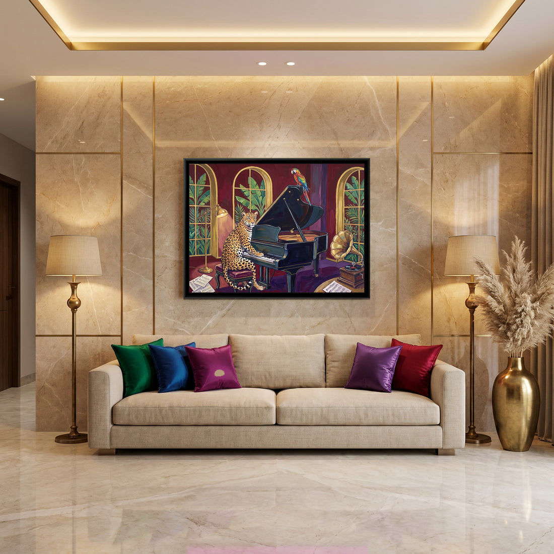 A Kolorkaari canvas in a floater frame, in a room