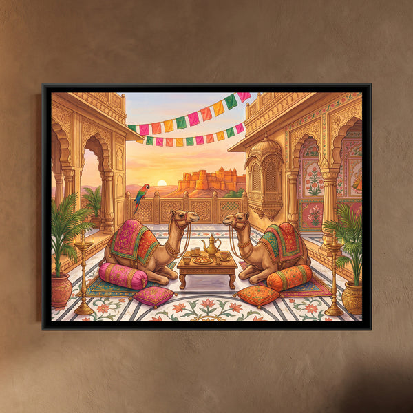 Camels at a Rooftop Tea Party in a Golden Haveli