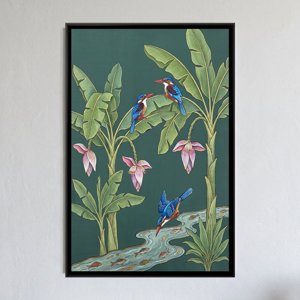 Kingfishers in a Banana Grove on Celadon Silk