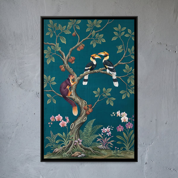Hornbills in a Fig Tree on Deep Teal Silk