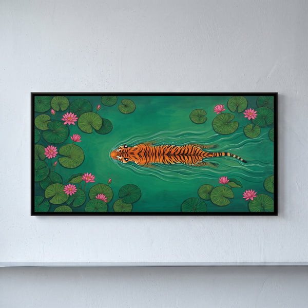 Tiger Swimming a Lotus Pond
