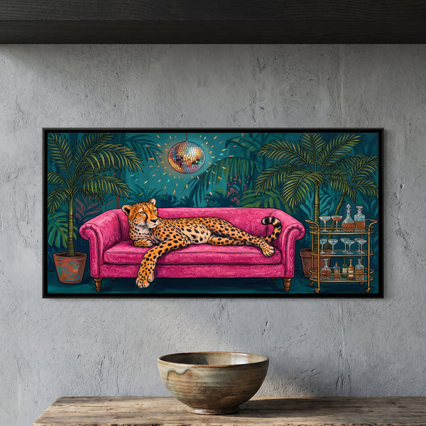 Cheetah on a Velvet Sofa under a Disco Ball