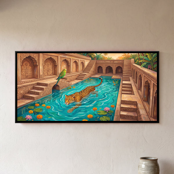 Leopard Swimming in a Stepwell Pool