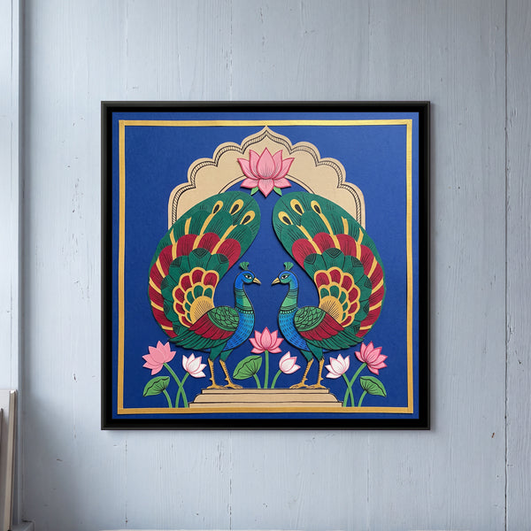 Peacock Pair under a Lotus Arch in Cut Paper