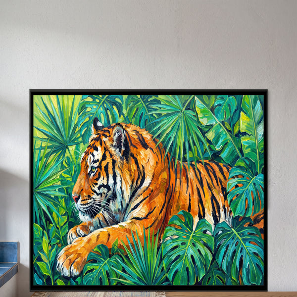 Tiger Resting in Tropical Leaves