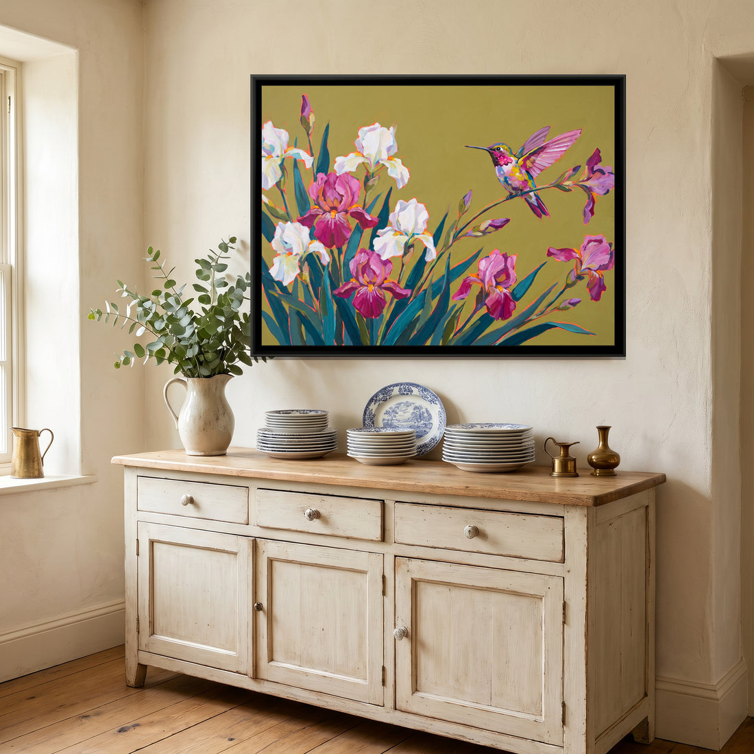 A Kolorkaari canvas in a floater frame, in a room
