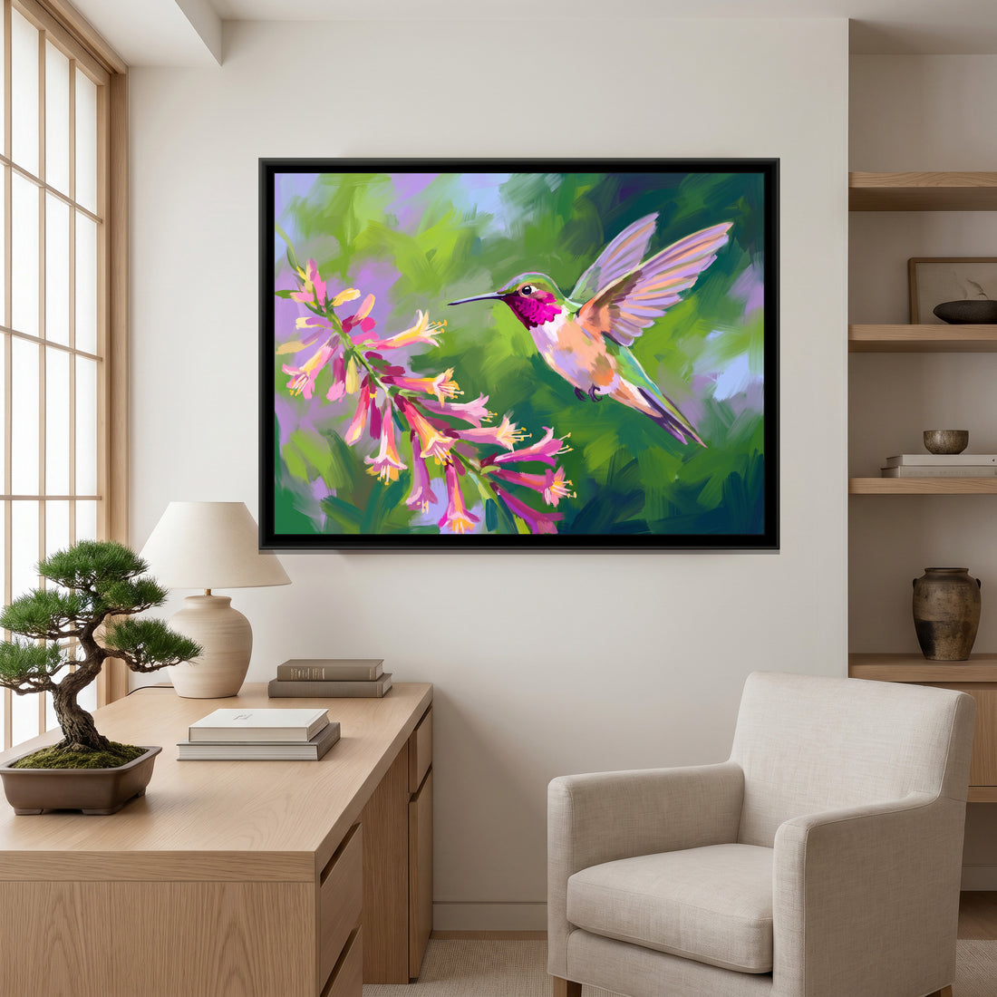 A Kolorkaari canvas in a floater frame, in a room