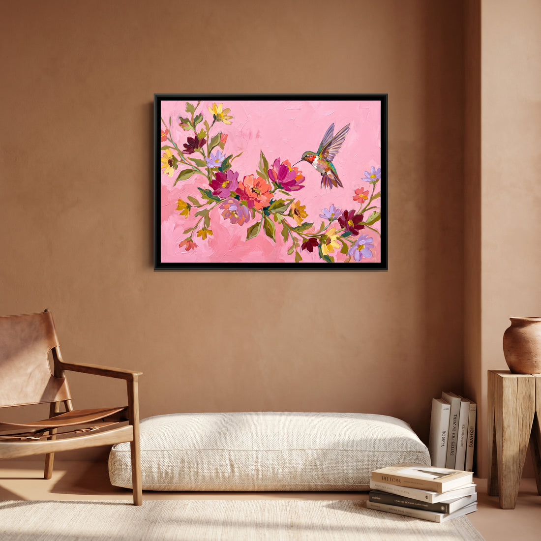 A Kolorkaari canvas in a floater frame, in a room