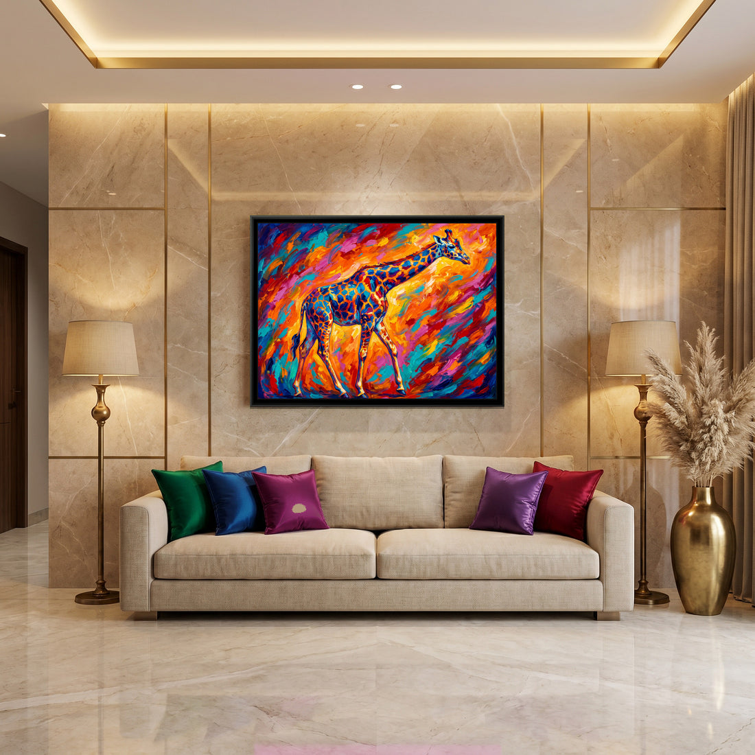 A Kolorkaari canvas in a floater frame, in a room