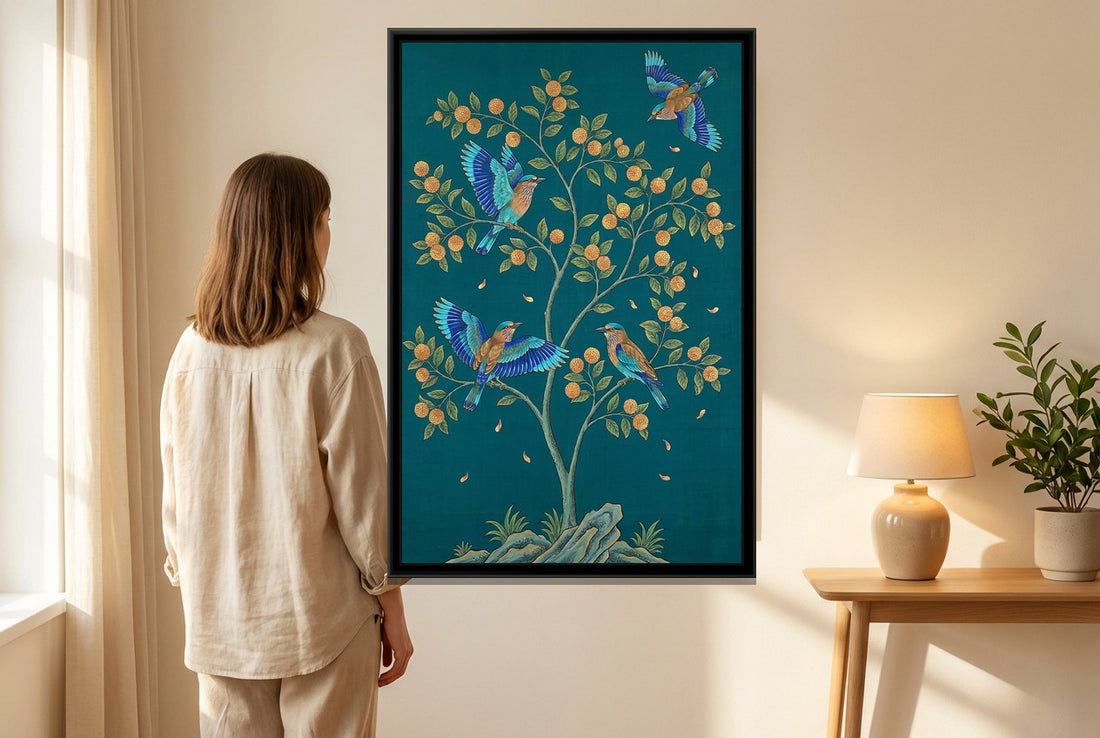 A Kolorkaari canvas in a floater frame, in a room