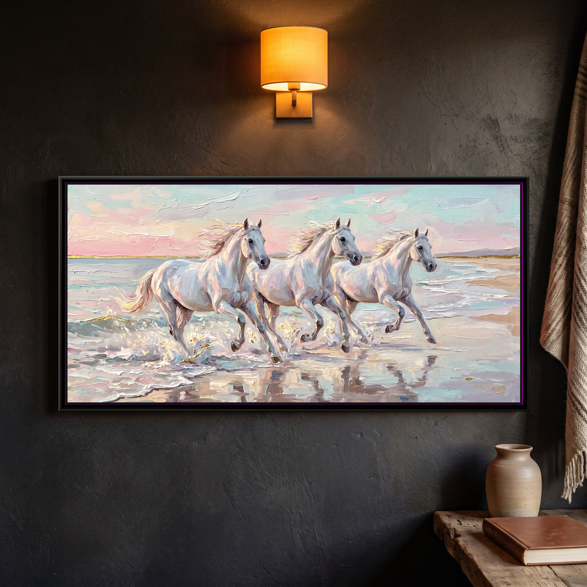 Dawn Gallop Through the Surf - framed canvas art hung on a wall