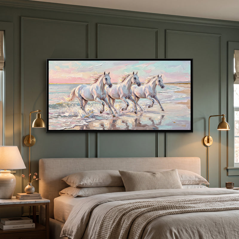 Dawn Gallop Through the Surf - canvas art shown in a styled room