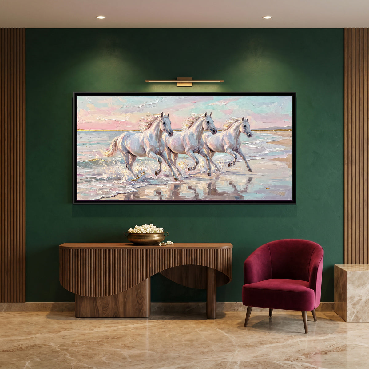 Dawn Gallop Through the Surf - canvas art shown in a styled room