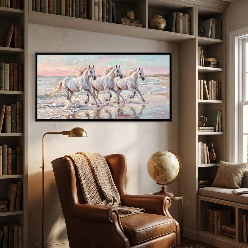 Dawn Gallop Through the Surf - canvas art shown in a second room setting