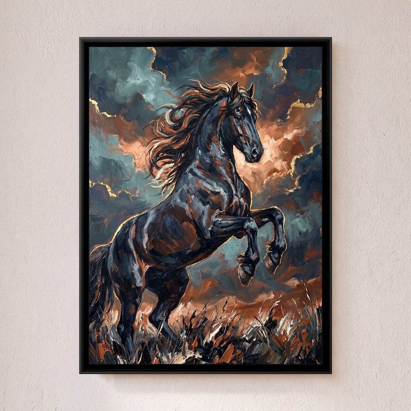 Black Stallion in Storm Light - framed canvas art hung on a wall