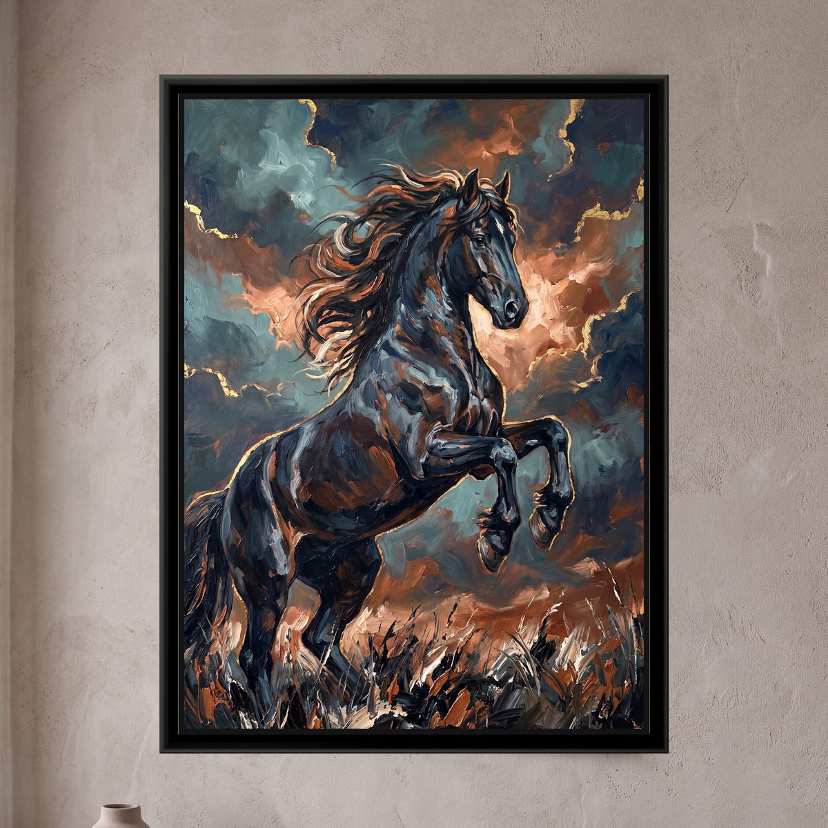 Black Stallion in Storm Light - framed canvas art hung on a wall