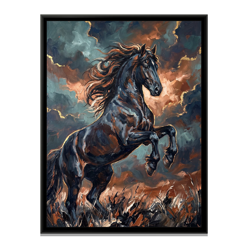 Black Stallion in Storm Light - framed canvas print, front view