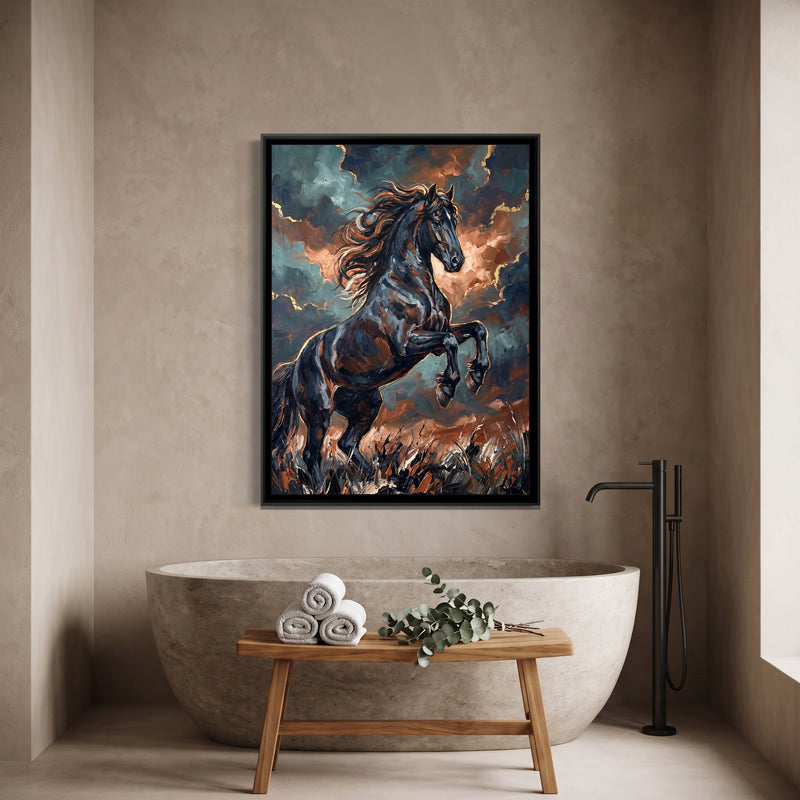 Black Stallion in Storm Light - canvas art shown in a second room setting