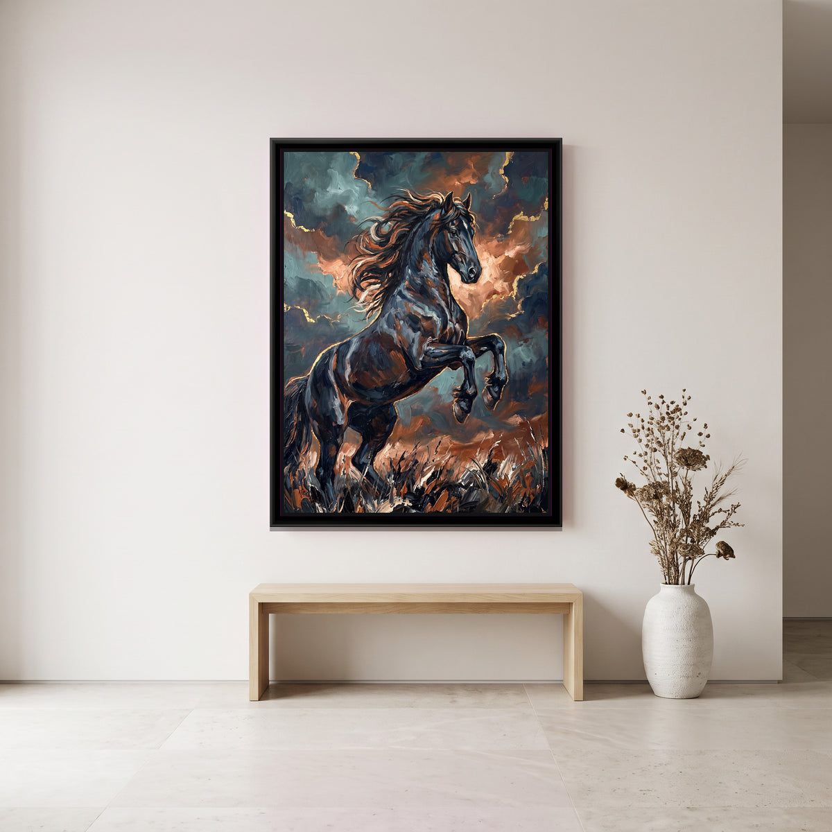 Black Stallion in Storm Light - canvas art shown in a second room setting