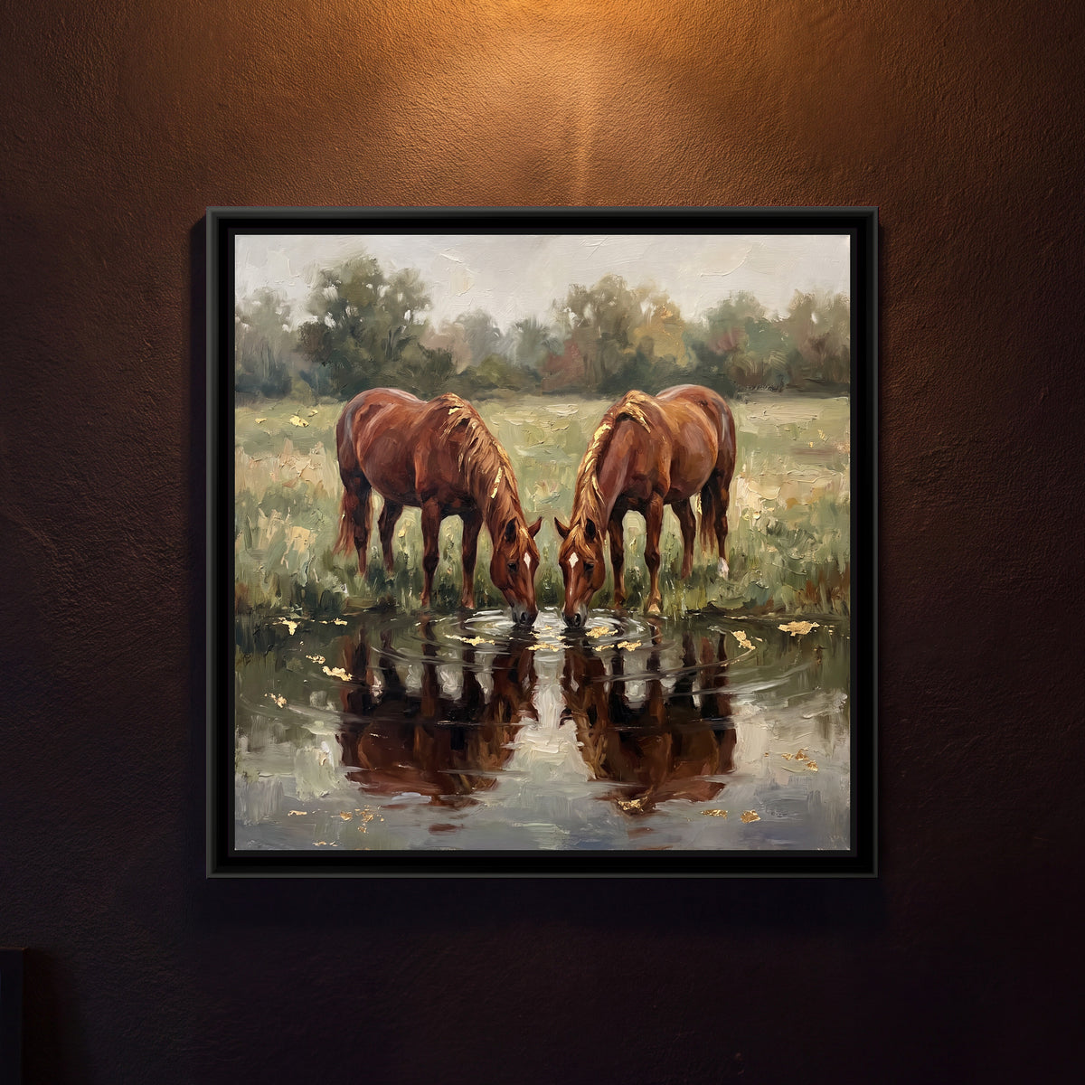 Two Mares at the Water's Edge - framed canvas art hung on a wall