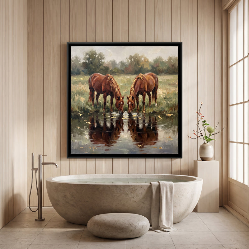 Two Mares at the Water's Edge - canvas art shown in a second room setting