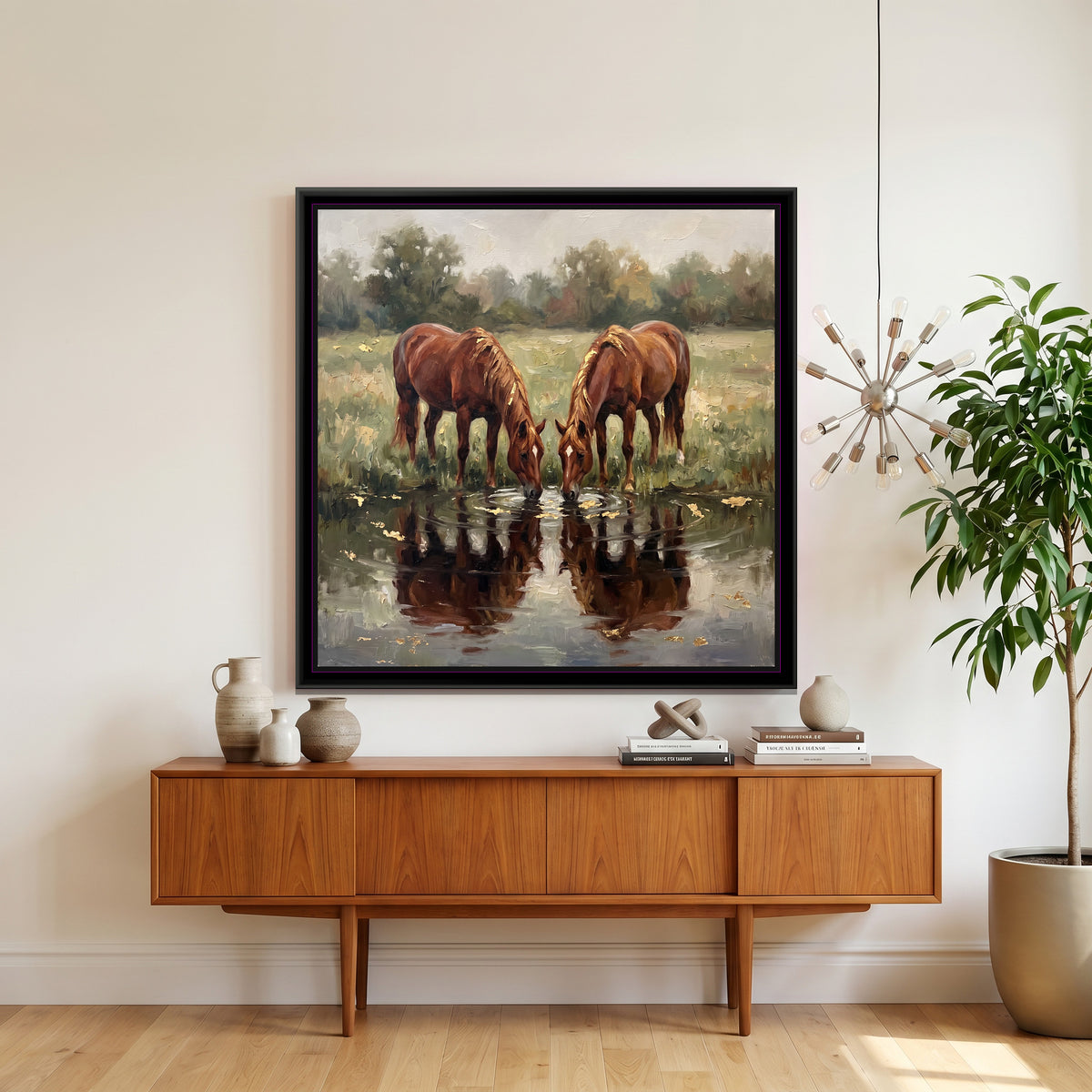 Two Mares at the Water's Edge - canvas art shown in a second room setting