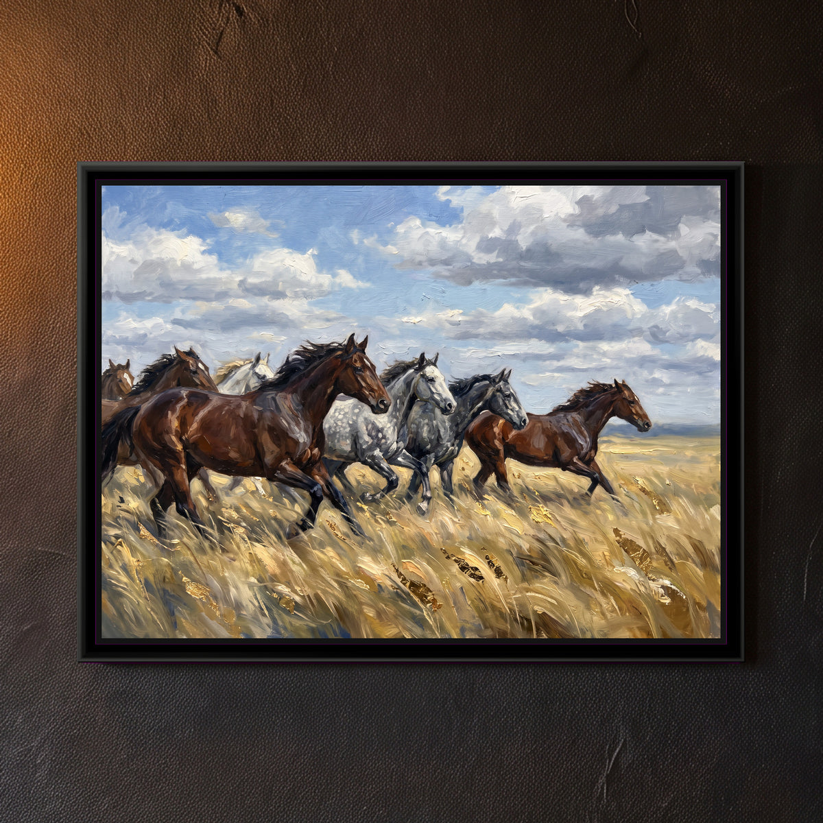 Wild Horses Across the Golden Grass - framed canvas art hung on a wall