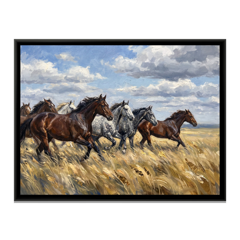 Wild Horses Across the Golden Grass - framed canvas print, front view