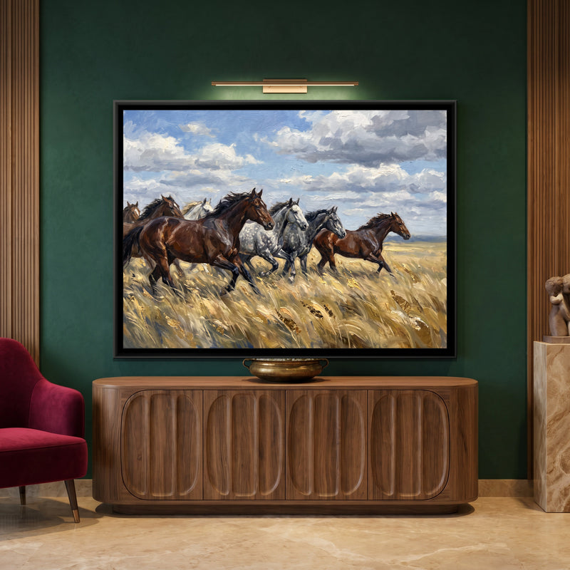 Wild Horses Across the Golden Grass - canvas art shown in a styled room