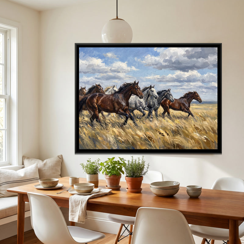 Wild Horses Across the Golden Grass - canvas art shown in a second room setting