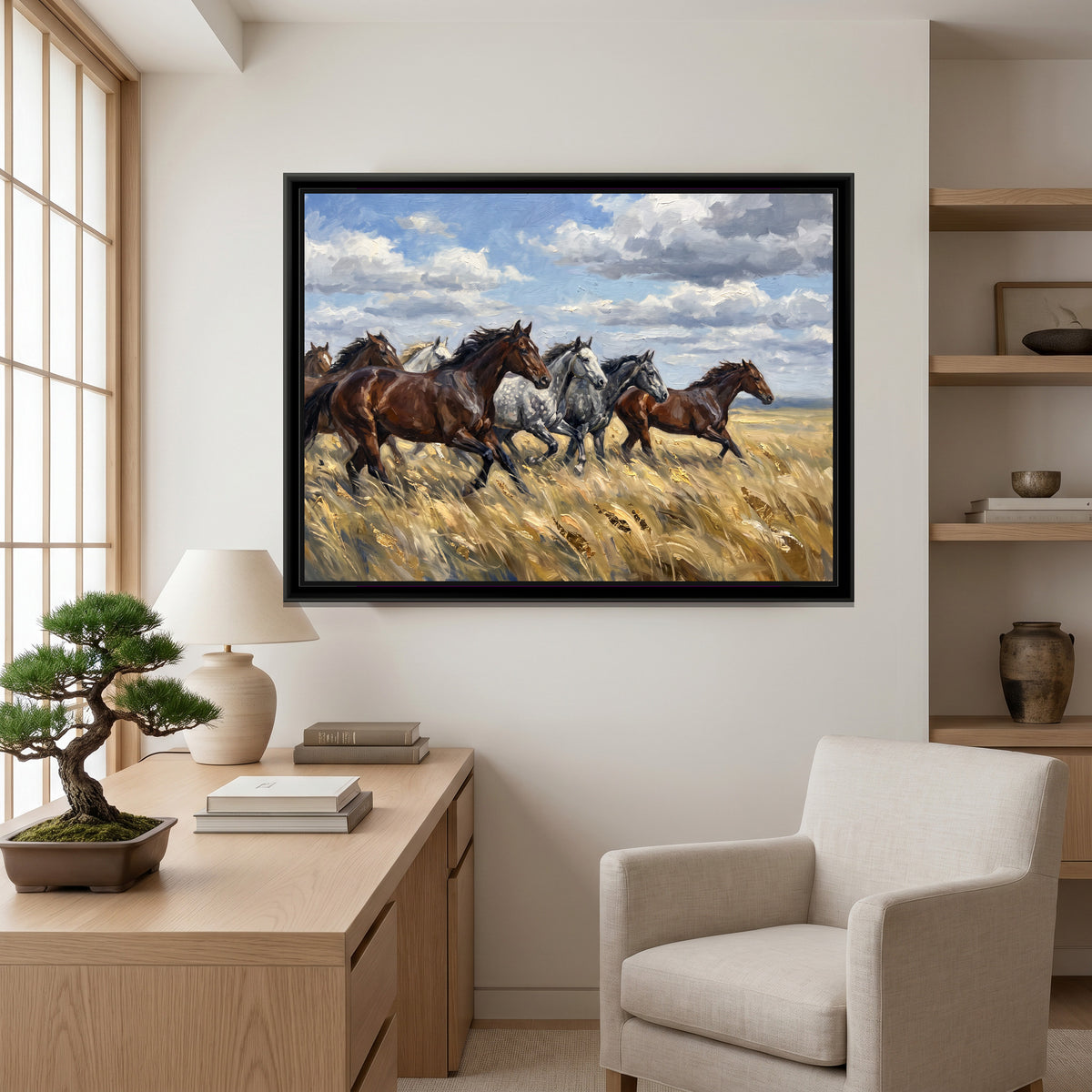 Wild Horses Across the Golden Grass - canvas art shown in a second room setting