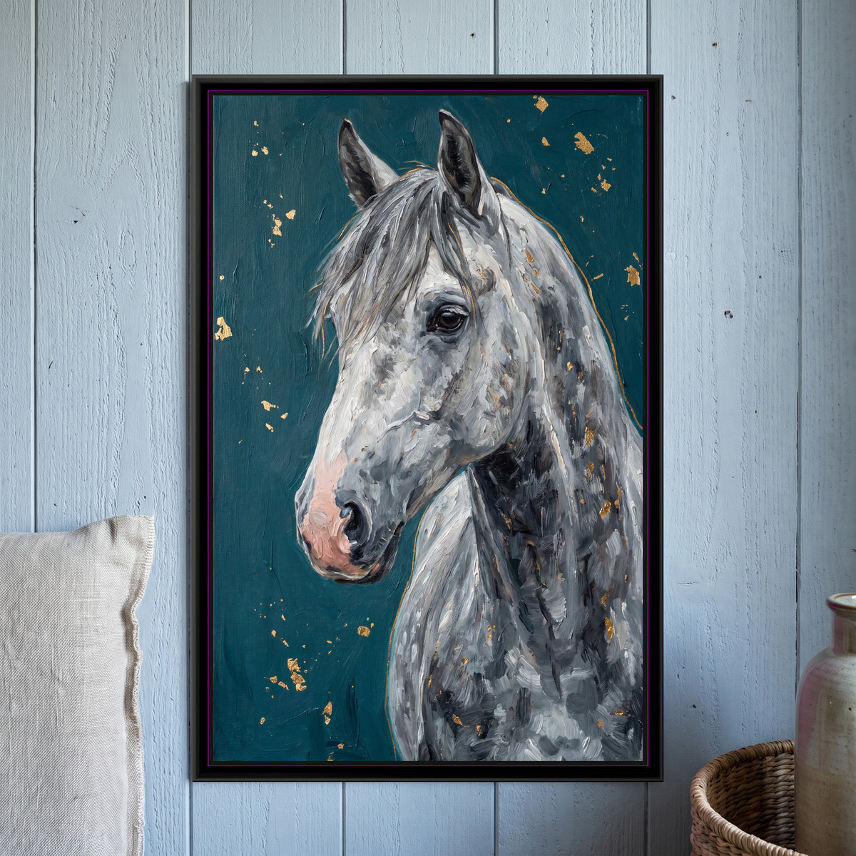 Dappled Grey Horse Portrait - framed canvas art hung on a wall