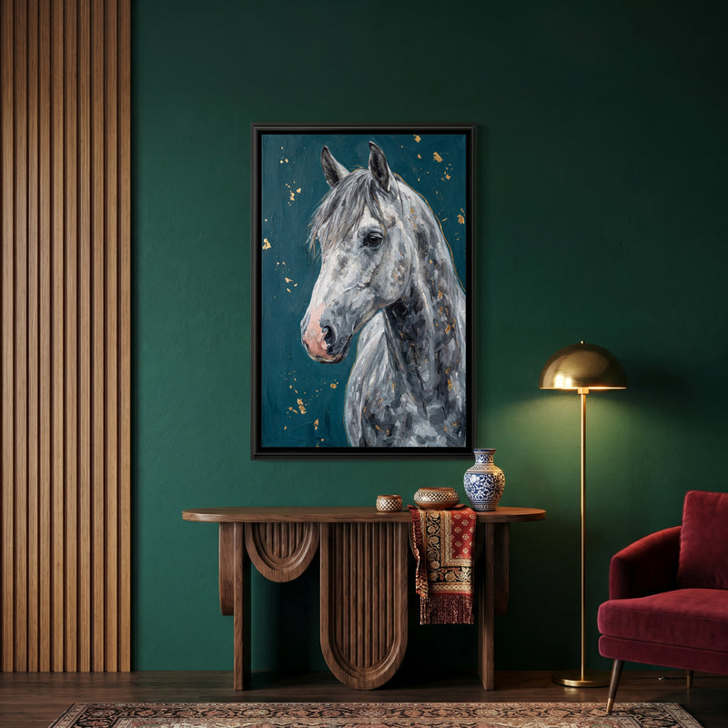 Dappled Grey Horse Portrait - canvas art shown in a styled room
