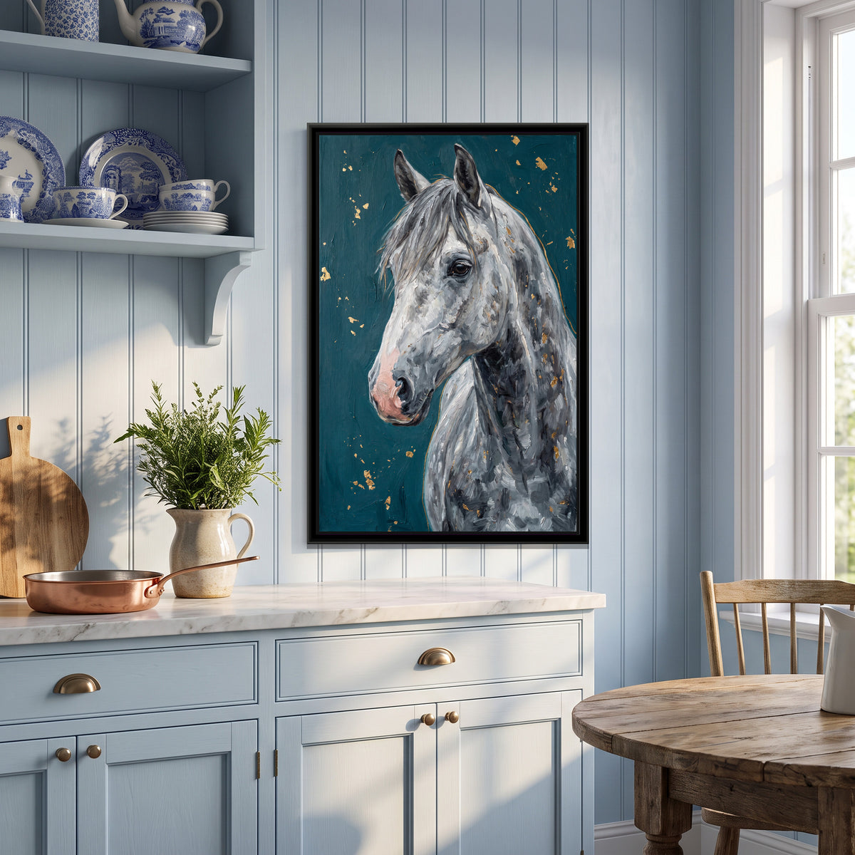 Dappled Grey Horse Portrait - canvas art shown in a styled room