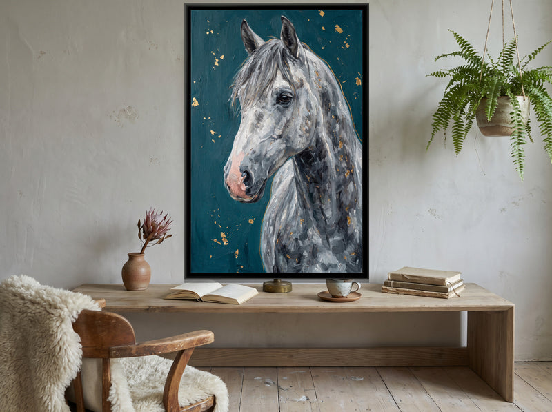 Dappled Grey Horse Portrait - canvas art shown in a second room setting