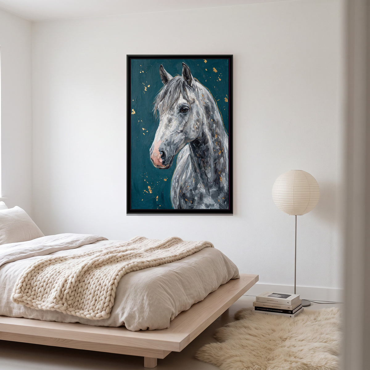 Dappled Grey Horse Portrait - canvas art shown in a second room setting