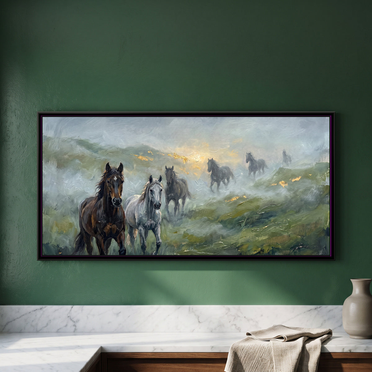 Horses in the Monsoon Mist - framed canvas art hung on a wall