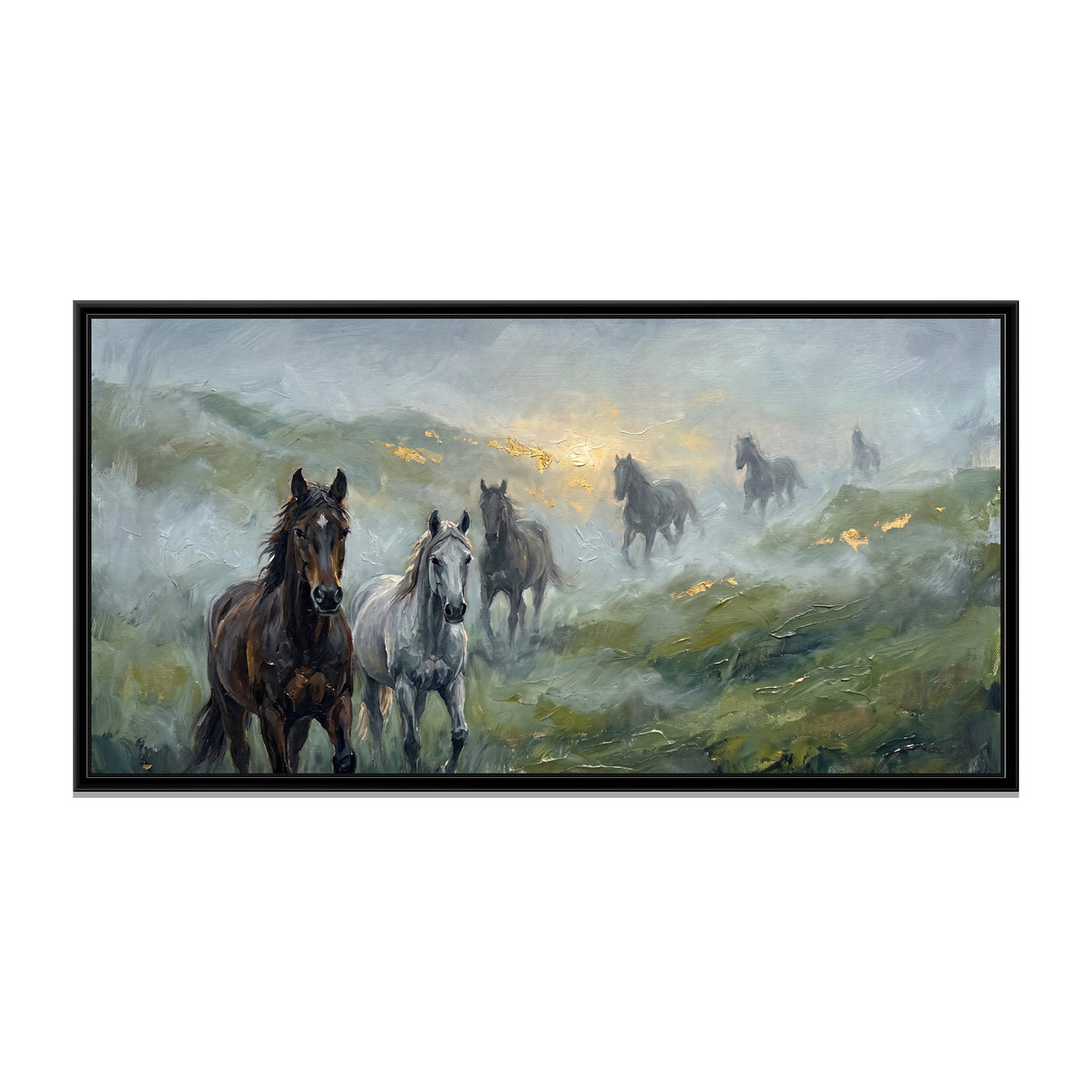 Horses in the Monsoon Mist - framed canvas print, front view