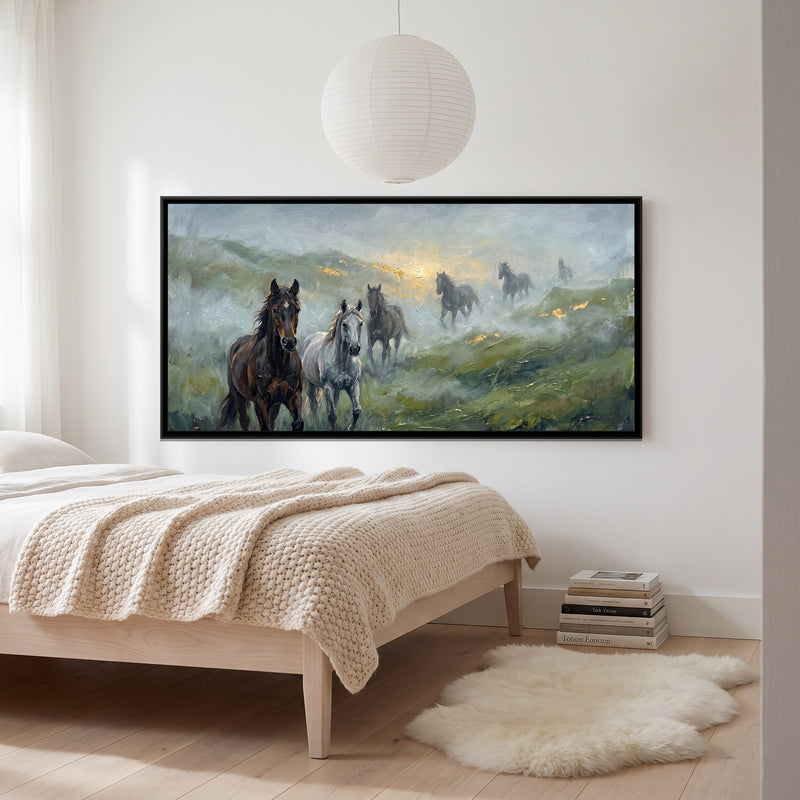 Horses in the Monsoon Mist - canvas art shown in a second room setting
