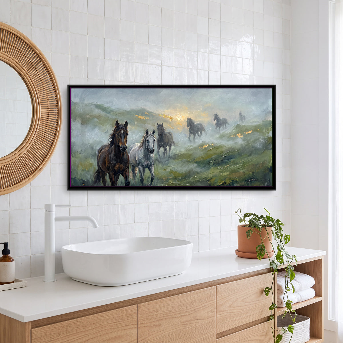 Horses in the Monsoon Mist - canvas art shown in a second room setting