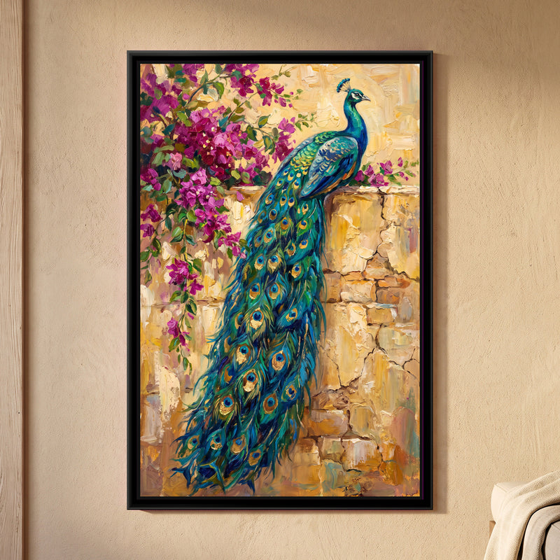 Peacock on the Garden Wall - framed canvas art hung on a wall