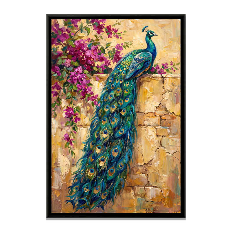 Peacock on the Garden Wall - framed canvas print, front view