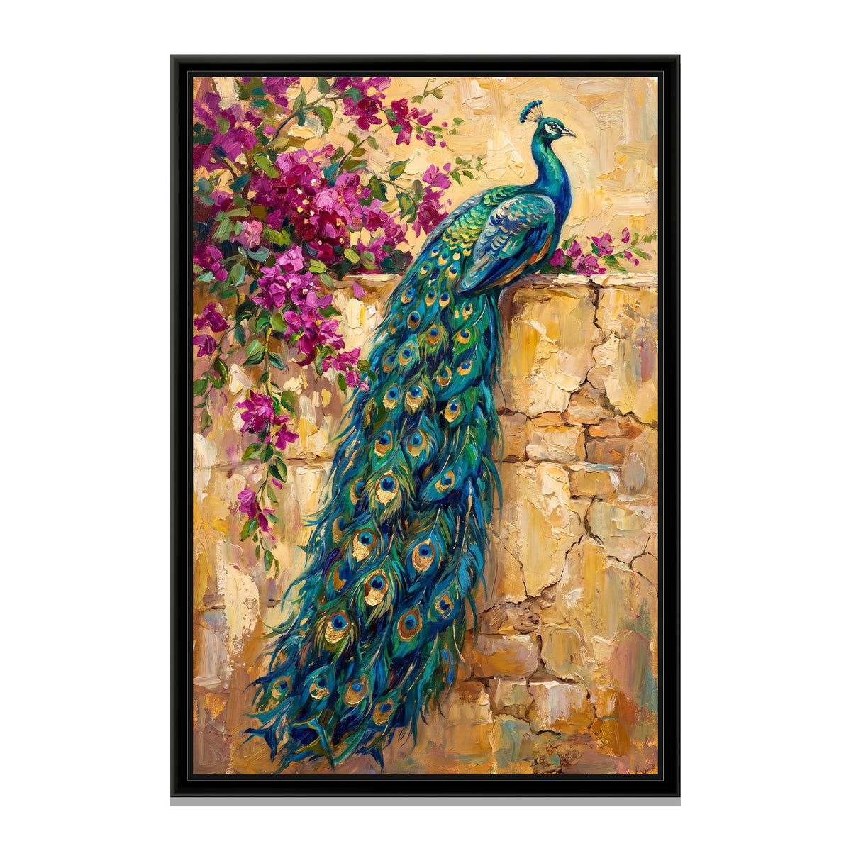 Peacock on the Garden Wall - framed canvas print, front view