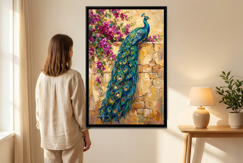 Peacock on the Garden Wall - canvas art shown in a styled room