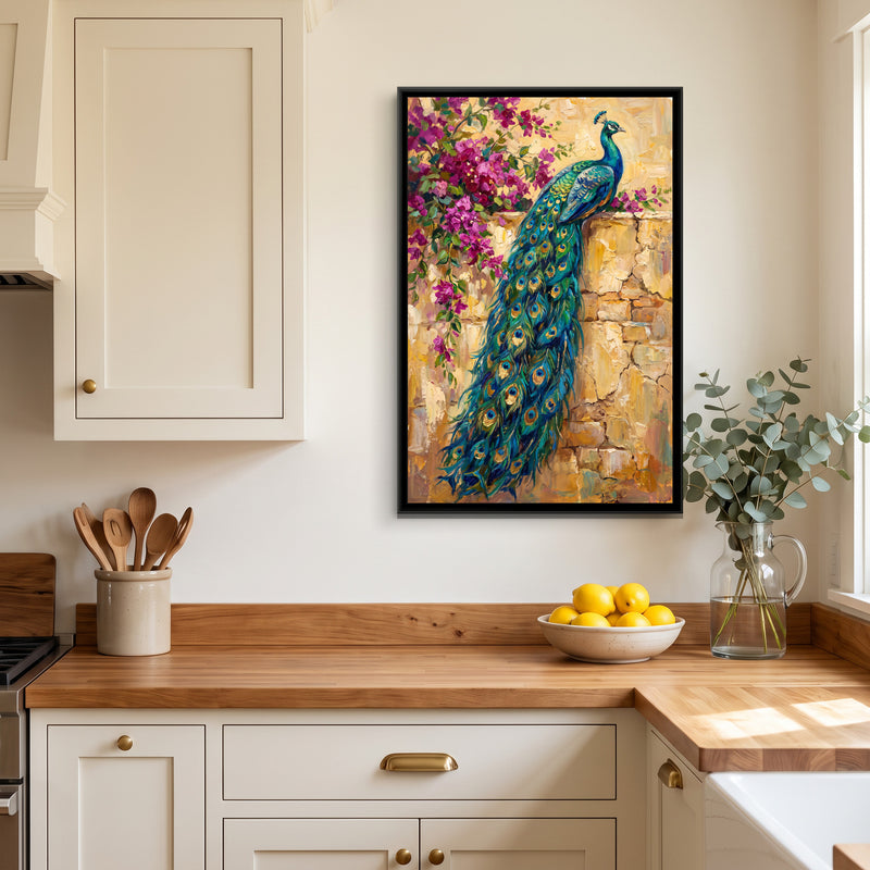 Peacock on the Garden Wall - canvas art shown in a second room setting